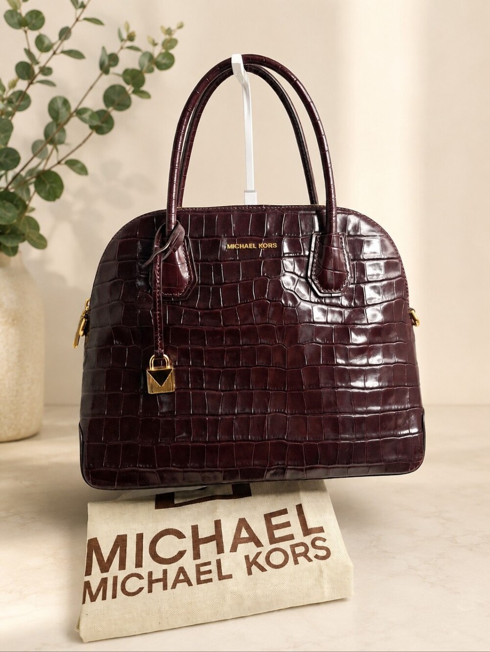 Michael Kors Mercer Croc Embossed Leather Dome Satchel Bag Burgundy EUC Like New
